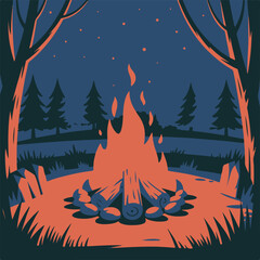 A festive winter night forest landscape illustration of a Christmas tree with a fire, snow pattern, and stars.