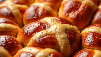 Close-up of golden-brown hot cross buns, warm and slightly glazed,   Easter food,  springtime