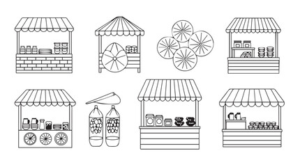 Collection of hand drawn market stalls offering fresh produce and goods for sale vector