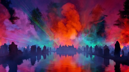 The haunted dancefloor: halloween's ultimate zombie jam. Color blocking. Eerie zombie dance: halloween's lively cemetery celebration. Cinematic glow. Modern graphics.