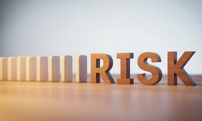 Falling domino effect leading to wooden block letters spelling RISK, ideal for illustrating business danger, uncertainty, and decision-making concepts