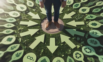 Person standing on grass surrounded by eco-friendly arrows and sustainability icons, ideal for illustrating green business decisions and environmental responsibility concepts