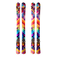 Obraz premium Vibrant and colorful abstract geometric pattern adorns a pair of skis, isolated on a clean transparent background, ready for winter sports