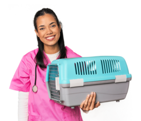 Young Filipina vet holding pet carrier happy, smiling and cheerful.