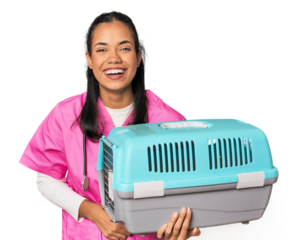 Young Filipina vet holding pet carrier laughing and having fun.