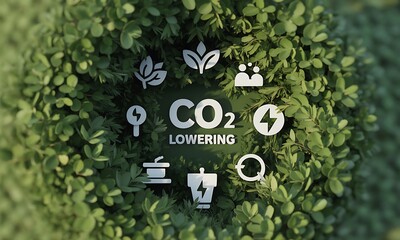 CO2 lowering concept with eco-friendly energy and sustainability icons surrounded by lush green foliage, ideal for promoting environmental protection and clean technology