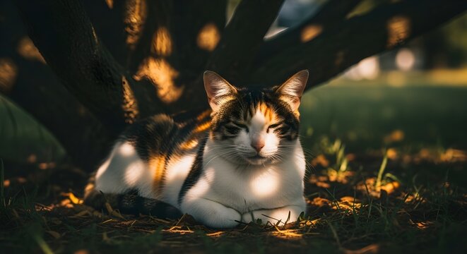 Relaxed Cat Sunbathing Under Tree Sunlight
