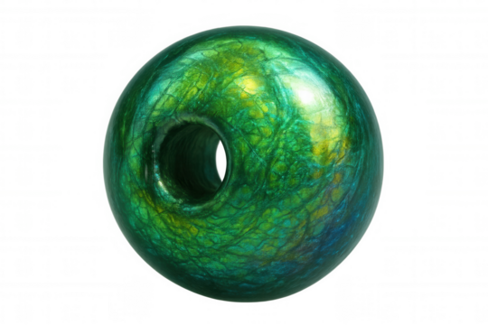 Green emerald torus bead shining with textured, iridescent surface, isolated object on transparent background