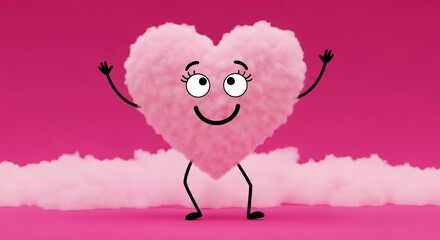 Cute fluffy heart character with arms raised celebrates love and happiness