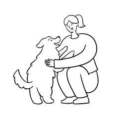 Woman Hugging and Playing with Her Happy Dog. Hand Drawn People Illustration.