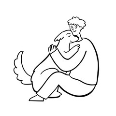 Man Hugging Dog. Emotional Support Animal Hug. Animal Therapy. Dog Therapy. Hand Drawn People Illustration. 
