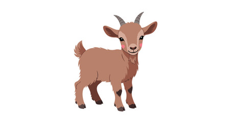 Fototapeta premium A cute little brown goat with tiny horns and a fluffy tail standing on a white background.