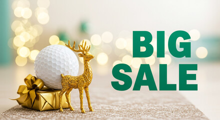Golden reindeer and golf ball with BIG SALE text, festive holiday promotion concept