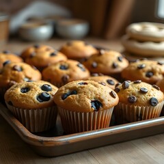 Fresh Blueberry Muffins on a Baking Tray for Breakfast and Bakery Display