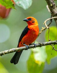 Vibrant red bird perched on branch