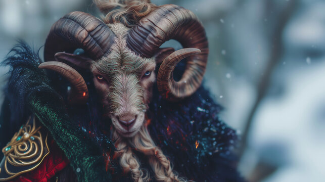 Celebrating ancient yule traditions with a mystical horned figure in a snowy forest during winter solstice festivities - Powered by Adobe