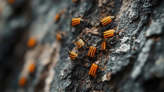 Insects on rough bark surface close up