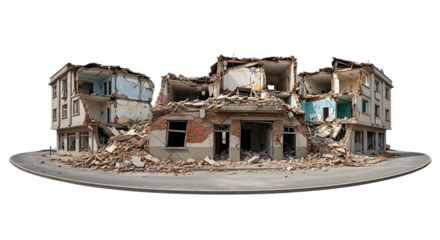 Destroyed Apartment Buildings, on a City Street After Disaster graphic, cutout, PNG isolated on white or transparent background