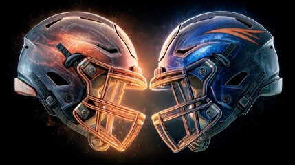 Intense Rivalry: A Conceptual Clash of Football Helmets Representing Competing Teams