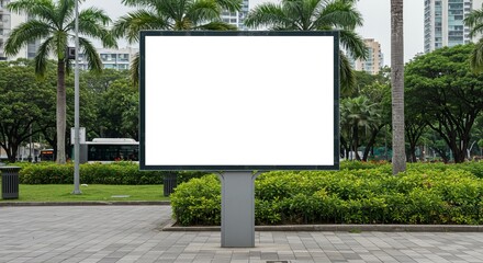 Blank billboard display in tropical park setting ideal for advertising mockup