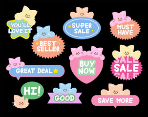 Cute cat sale icons such as super sale, must have, buy now, good, you'll love it for online shopping, promotion, sticker, banner, discount, web button, campaign, brochure, price tag, animal, pet shop