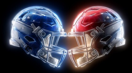 Intense rivalry, a conceptual showdown between red and blue football helmets