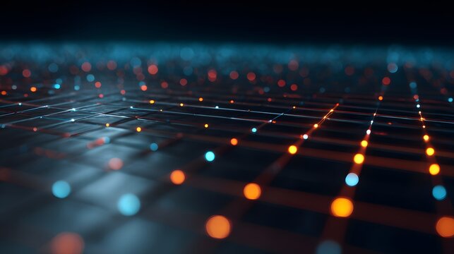 Illuminated grid of glowing orbs and lines showcases a futuristic network or data connection against a dark backdrop with blurred bokeh effects, creating a digital concept of connectivity and...