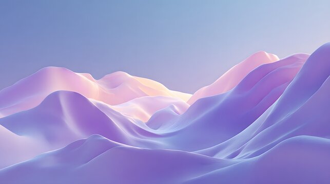 Abstract digital artwork presents soft, flowing landscape with layers of lavender, pink, and pale yellow hues, under a serene, gradient blue sky, evoking a sense of calmness and tranquility in a...