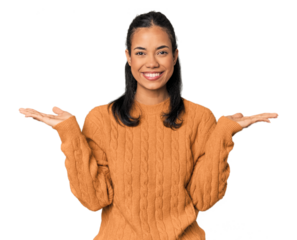 Young Filipina woman makes scale with arms, feels happy and confident.