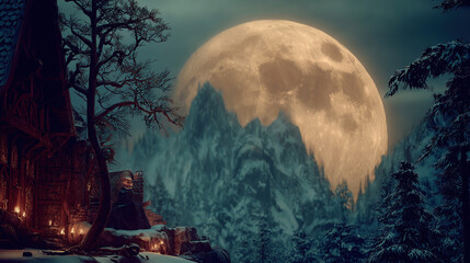Fototapeta premium Yule celebration under a full moon in an ancient forest with traditional pagan symbols