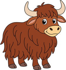 Cute Fluffy Brown Cartoon Yak with Horns