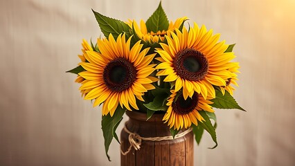 Fototapeta premium A vibrant sunflower arrangement in a wooden vase, radiating warmth and rustic charm under golden light.
