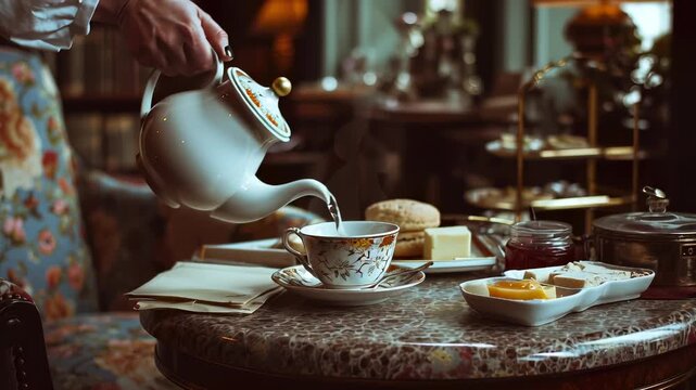 A woman pours tea into a white ceramic teacup on a round table filled with scones, butter, and jam. The vintage furniture adds to the warm atmosphere of the English tearoom setting