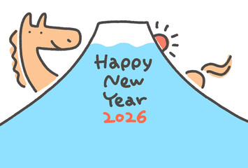 馬と富士山と初日の出のゆるくてポップな年賀状　2026 正月素材