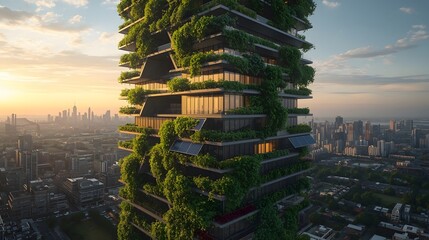 Obraz premium Sustainable Green Tower with Hydroponic Farms and Renewable Energy Systems