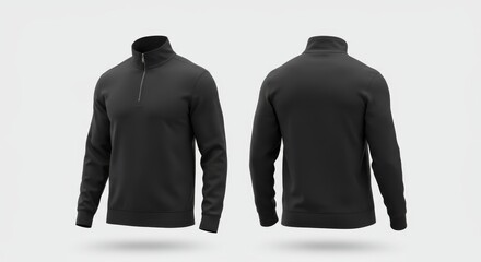 Modern black quarter-zip sweater mockup, front and back view, isolated