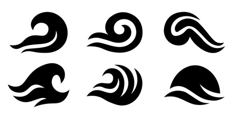 Abstract Wave Set: Elegant Line Art Ocean Icons, Modern Design, Dark Background. Collection of stylized ocean wave illustrations showcasing various shapes. Stylized fire or flame graphic elements. 