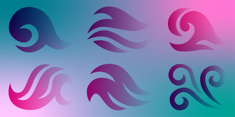 Obraz premium Abstract Wave Set: Elegant Line Art Ocean Icons, Modern Design, Dark Background. Collection of stylized ocean wave illustrations showcasing various shapes. Stylized fire or flame graphic elements. 