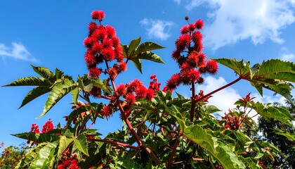 Vibrant red flowers and lush green leaves against a bright sky