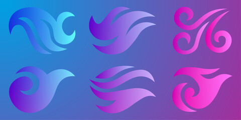 Abstract Wave Set: Elegant Line Art Ocean Icons, Modern Design, Dark Background. Collection of stylized ocean wave illustrations showcasing various shapes. Stylized fire or flame graphic elements. 