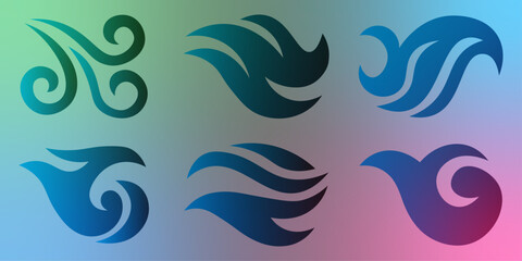 Abstract Wave Set: Elegant Line Art Ocean Icons, Modern Design, Dark Background. Collection of stylized ocean wave illustrations showcasing various shapes. Stylized fire or flame graphic elements. 