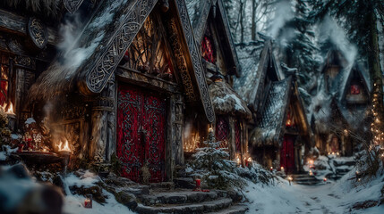 Ancient Yule traditions in a snowy village during winter festivities
