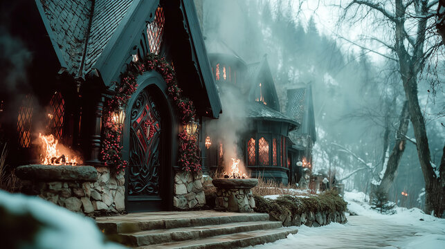 Yule celebration in a snowy forest with ancient pagan traditions and enchanting surroundings