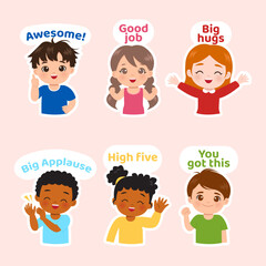 Cute diverse children with positive words for achievement appreciation