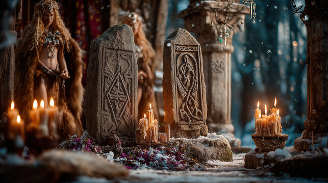 Exploring ancient Yule pagan traditions in a mystical forest setting