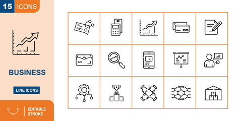 Business line icons set with finance and growth concepts Keywords: business, finance, growth, icons, line art, set