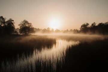 Naklejka premium Mysterious Foggy Sunset over Spooky Marsh Landscape