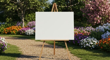 Blank welcome sign on wooden easel, floral garden background, invitation event