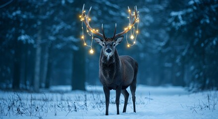Majestic stag adorned with lights in winter woodland scene