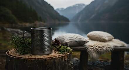 Metal mug on tree stump near lake with pillows and fur outdoors